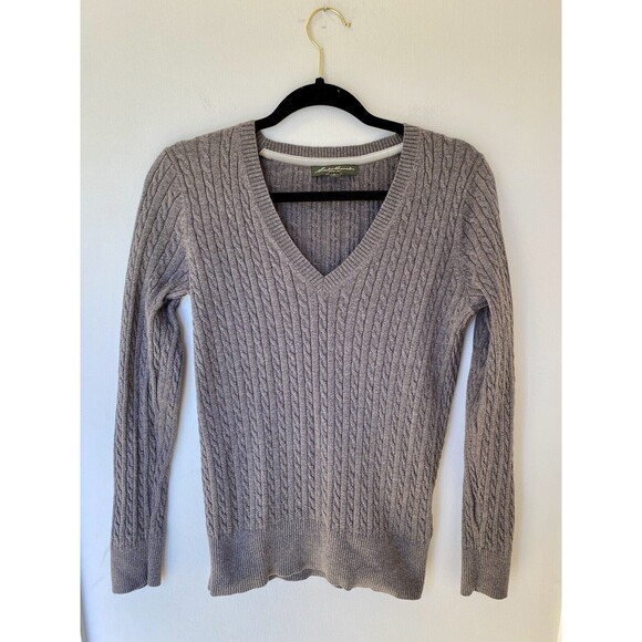 Eddie Bauer Grey V Neck Sweater Womens Medium Cable Knit Preppy Y2K Twilight Vtg - Picture 1 of 8